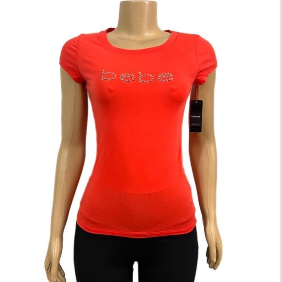Bebe Basic Rhinestone Embellished bebe logo short sleeve Tee Coral Xsmall - Picture 4 of 8